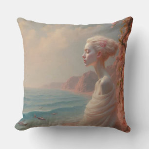 Ethereal Woman on Dreamy Beach Throw Pillow