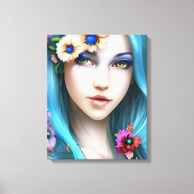 Ethereal Woman with Flowers in her Blue Hair Canvas Print (Front)