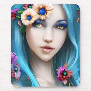Ethereal Woman with Flowers in her Blue Hair Mouse Pad