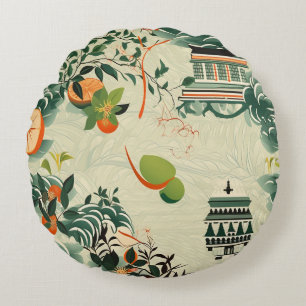 Ethereales Orangenmuster mit Zen-Tempeln Round Pillow