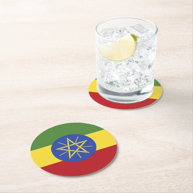 Ethiopia flag round paper coaster (Insitu)