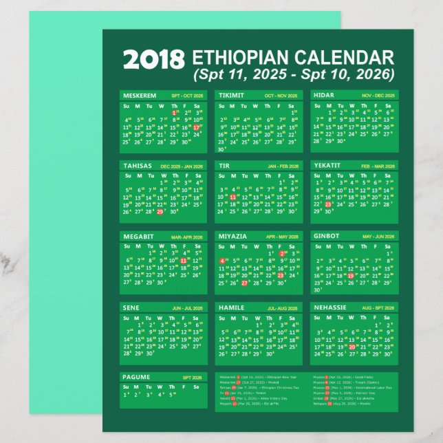 Ethiopian Calendar Converter for Year 2025 2026 (Front/Back)