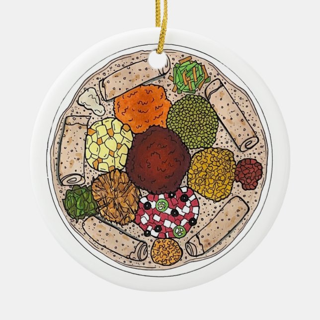 Ethiopian Cooking Food Platter Injera Wat Lentils Ceramic Ornament (Front)