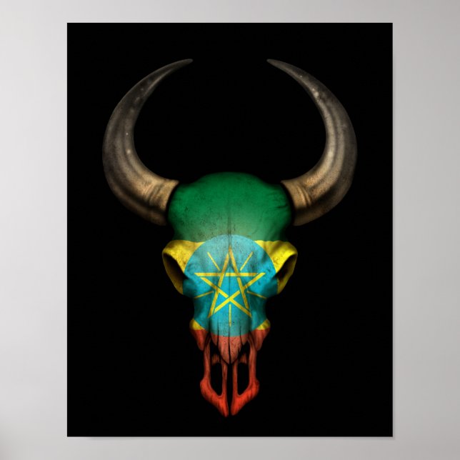 Ethiopian Flag Bull Skull on Black Poster (Front)