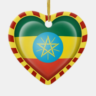 Ethiopian Heart Flag with Sun Rays Ceramic Ornament