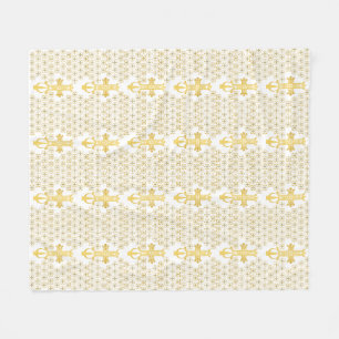 Ethiopian Orthodox Cross Pattern Gold on white Fleece Blanket