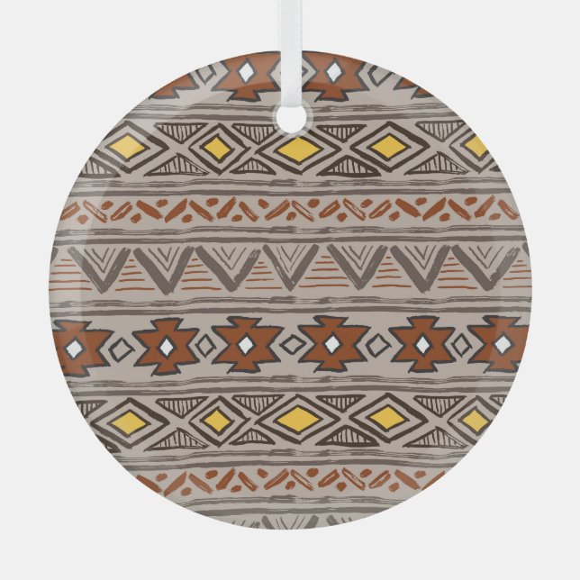 Ethnic Abstract: Hand-Drawn Pattern Glass Ornament (Front)
