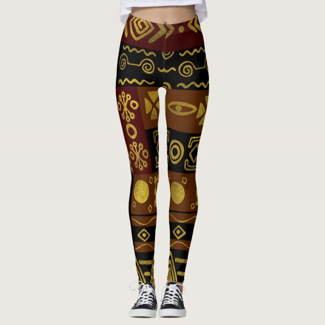 Ethnic African Golden Pattern on black and brown Leggings (Front)
