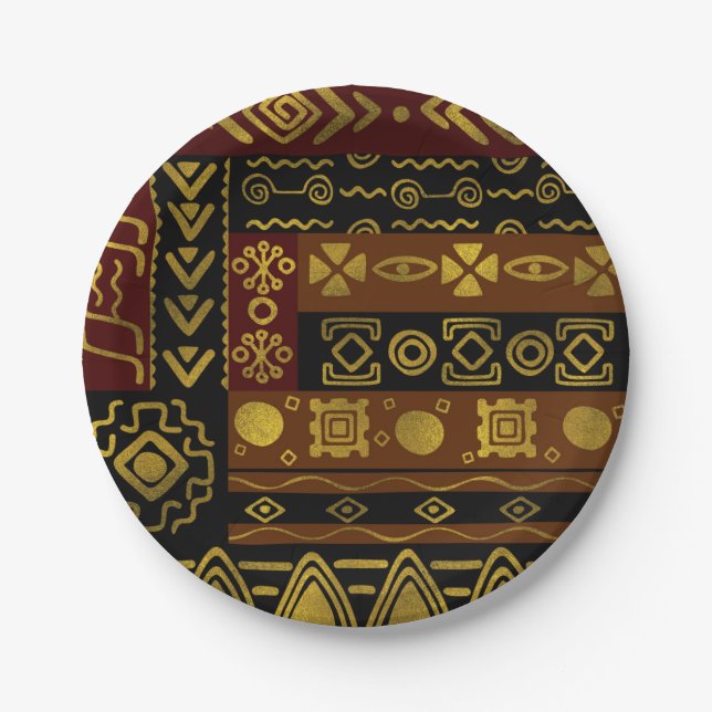Ethnic African Golden Pattern on black and brown Paper Plate (Front)