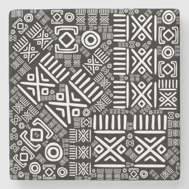 Ethnic African Pattern- Black and White #6 Stone Coaster (Front)