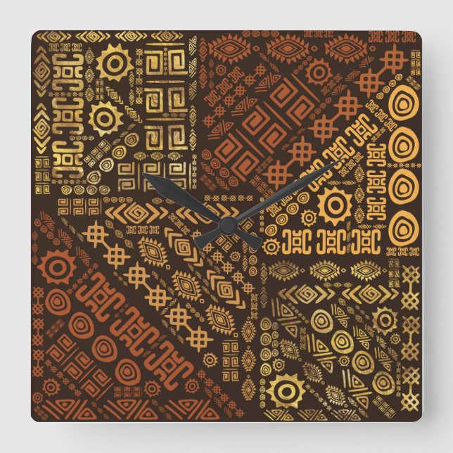 Ethnic African Pattern- browns and golds #10 Square Wall Clock (Front)