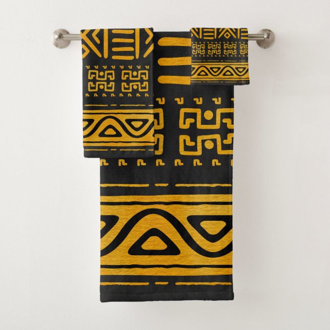 Ethnic African Pattern Yellow and Black Bath Towel Set (Insitu)