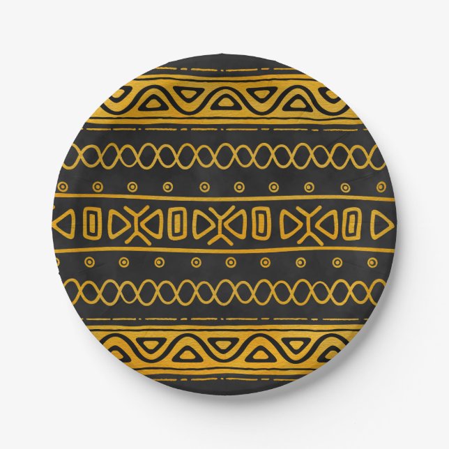 Ethnic African Pattern Yellow and Black Paper Plate (Front)