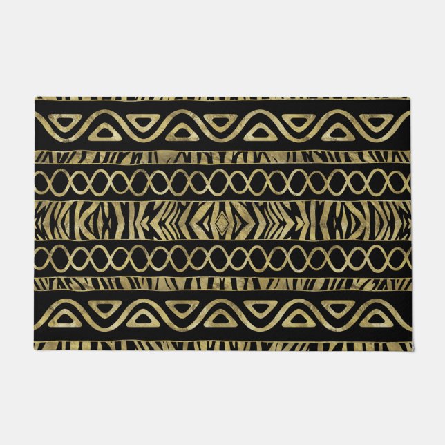 Ethnic and Animal Print Pattern Black and Gold Doormat (Front)