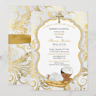 Ethnic Baby Boy Baptism Christening Gold Cross Invitation