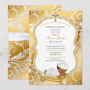 Ethnic Baby Boy Baptism Christening Gold Cross Invitation