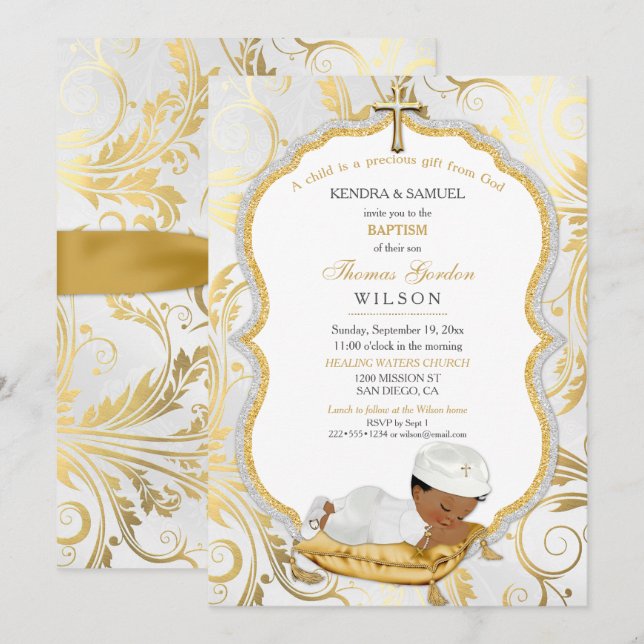 Ethnic Baby Boy Baptism Christening Gold Cross Invitation (Front/Back)
