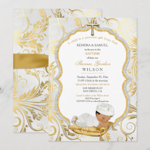 Ethnic Baby Boy Baptism Christening Gold Cross Invitation