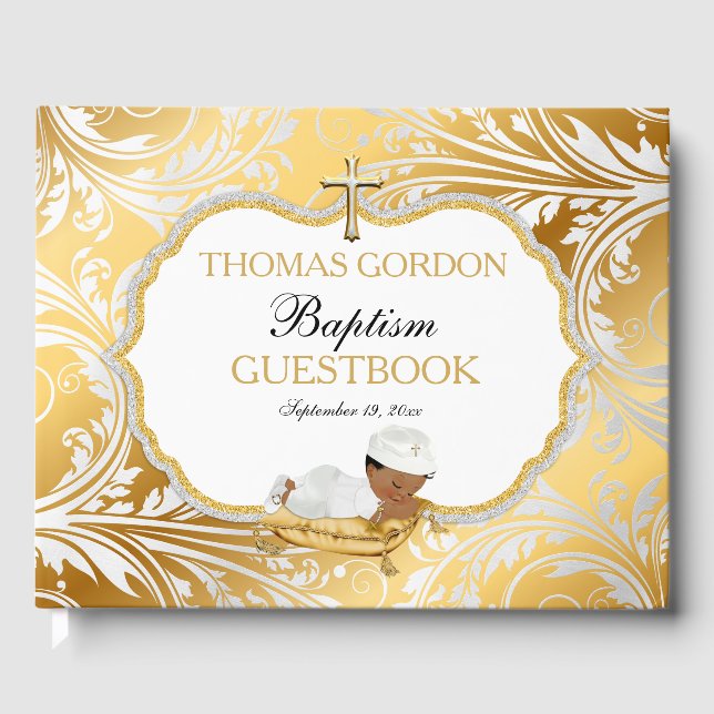 Ethnic Baby Boy Baptism Gold Cross Guest Book (Front)