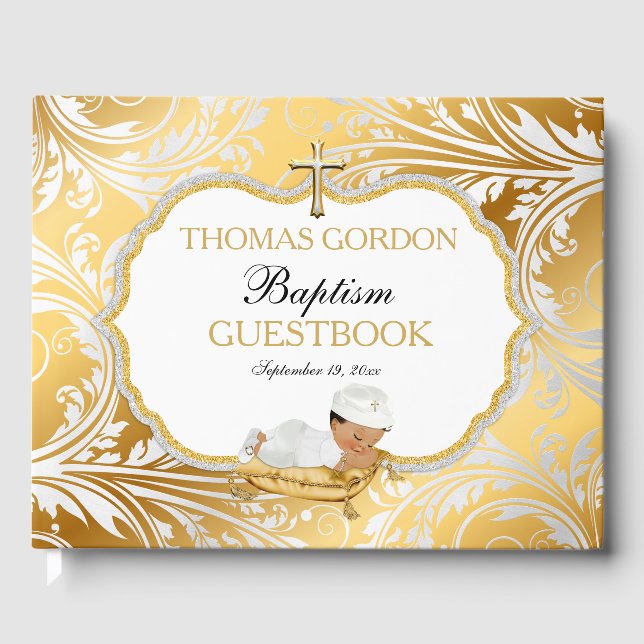 Ethnic Baby Boy Baptism Gold Cross Guest Book (Front)