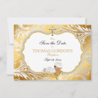 Ethnic Baby Boy Baptism Save Date Gold Cross