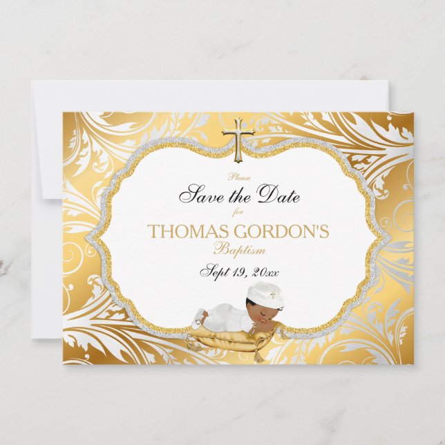 Ethnic Baby Boy Baptism Save Date Gold Cross Save The Date (Front)