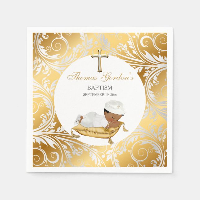 Ethnic Baby Boy Christening Baptism Gold Silver Napkin (Front)