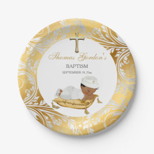 Ethnic Baby Boy Christening Baptism Gold Silver Paper Plate