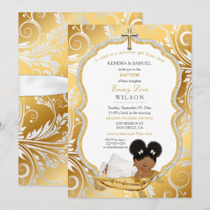 Ethnic Baby Girl Baptism Christening Gold Cross Invitation
