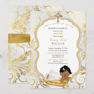 Ethnic Baby Girl Baptism Christening Gold Cross Invitation