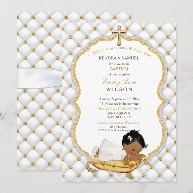 Ethnic Baby Girl Baptism Christening Gold Cross Invitation (Front/Back)