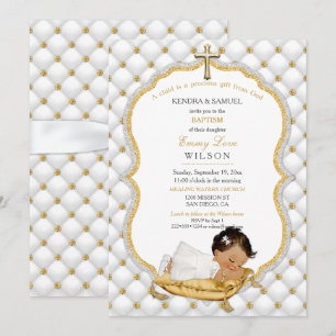 Ethnic Baby Girl Baptism Christening Gold Cross Invitation