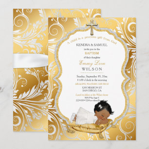 Ethnic Baby Girl Baptism Christening Gold Cross Invitation