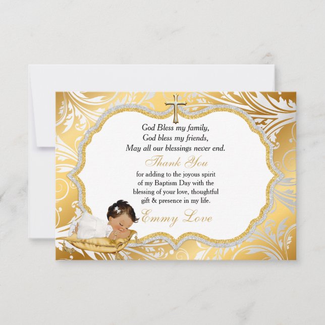 Ethnic Baby Girl Baptism Gold Cross Thank You (Front)