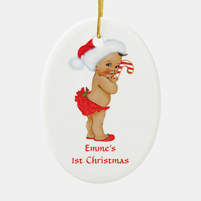 Ethnic Baby Girl First Christmas Red Santa Ceramic Ornament (Front)