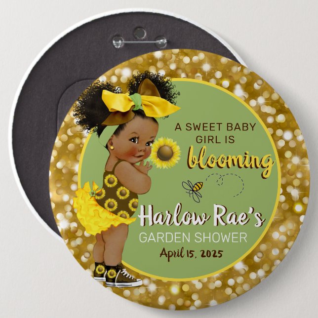 Ethnic Baby Girl | Yellow Sunflower Gold Glitter 6 Inch Round Button (Front & Back)