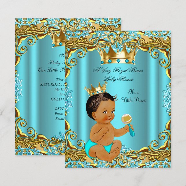 Ethnic Baby Shower Prince Gold Teal Aqua Invitation (Front/Back)