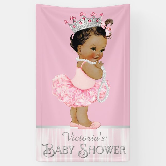 Ethnic Ballerina Tutu Pearl Pink Grey Baby Shower Banner (Vertical)