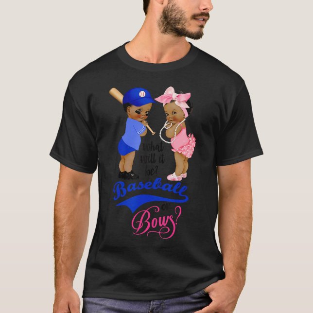 Ethnic Baseball Or Bows Gender Reveal Party T-Shirt (Front)