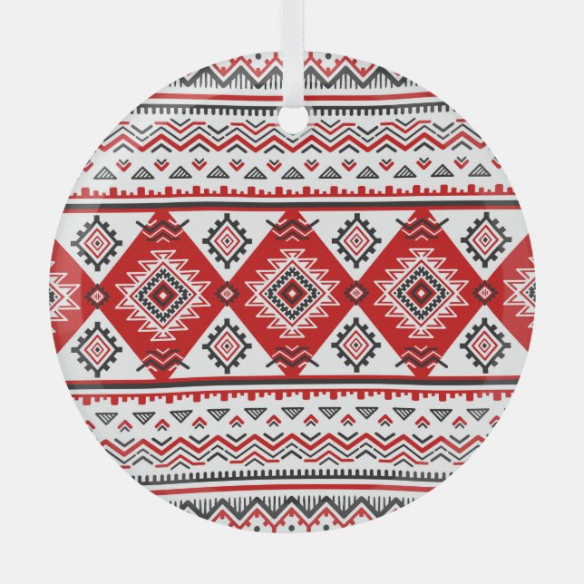 Ethnic black white red, Ukrainian motifs. Glass Ornament (Front)