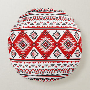 Ethnic black white red, Ukrainian motifs. Round Pillow