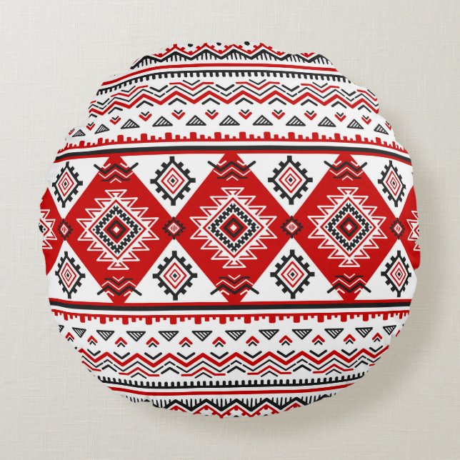 Ethnic black white red, Ukrainian motifs. Round Pillow (Front)
