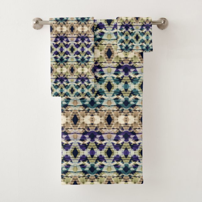 Ethnic blue, beige ikat  bath towel set (Insitu)