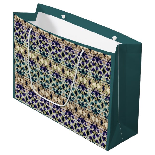 Ethnic blue, beige ikat  large gift bag (Front Angled)