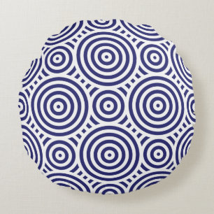 Ethnic Blue & White Geometric Circle Pattern Round Pillow