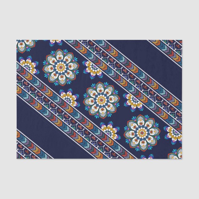 Ethnic Bohemian Flower Chevron Navy Decoupage Tissue Paper (Front)
