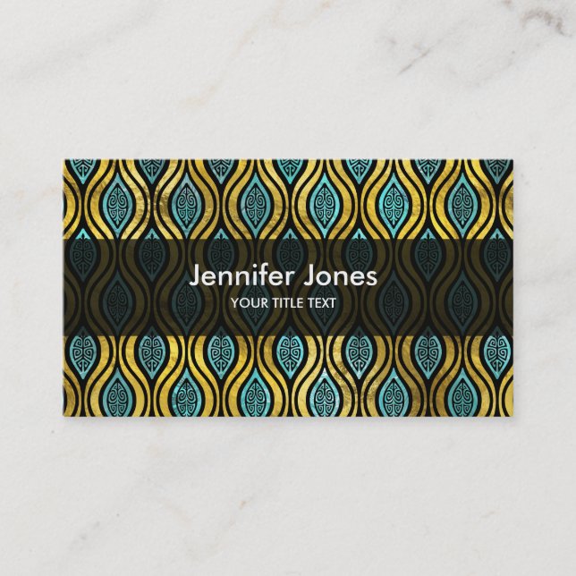 Ethnic Bohemian Gold and Blue glass pattern Business Card (Front)