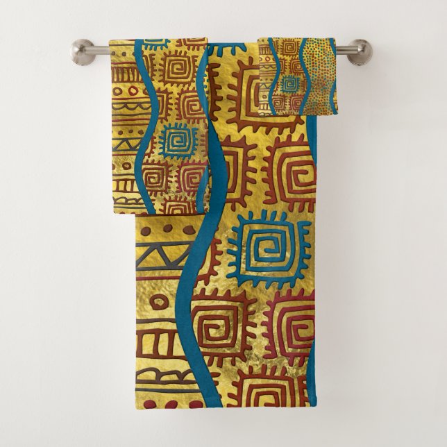 Ethnic Boho African Style pattern on Gold Bath Towel Set (Insitu)