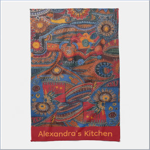 Ethnic Boho Colorful Pattern Red Blue & Gold Kitchen Towel