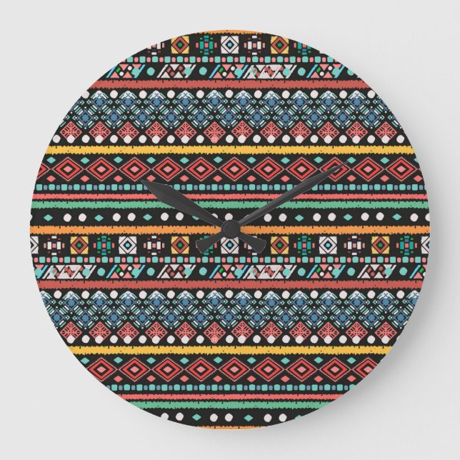 Ethnic Boho: Geometric Pixel Print Large Clock (Front)